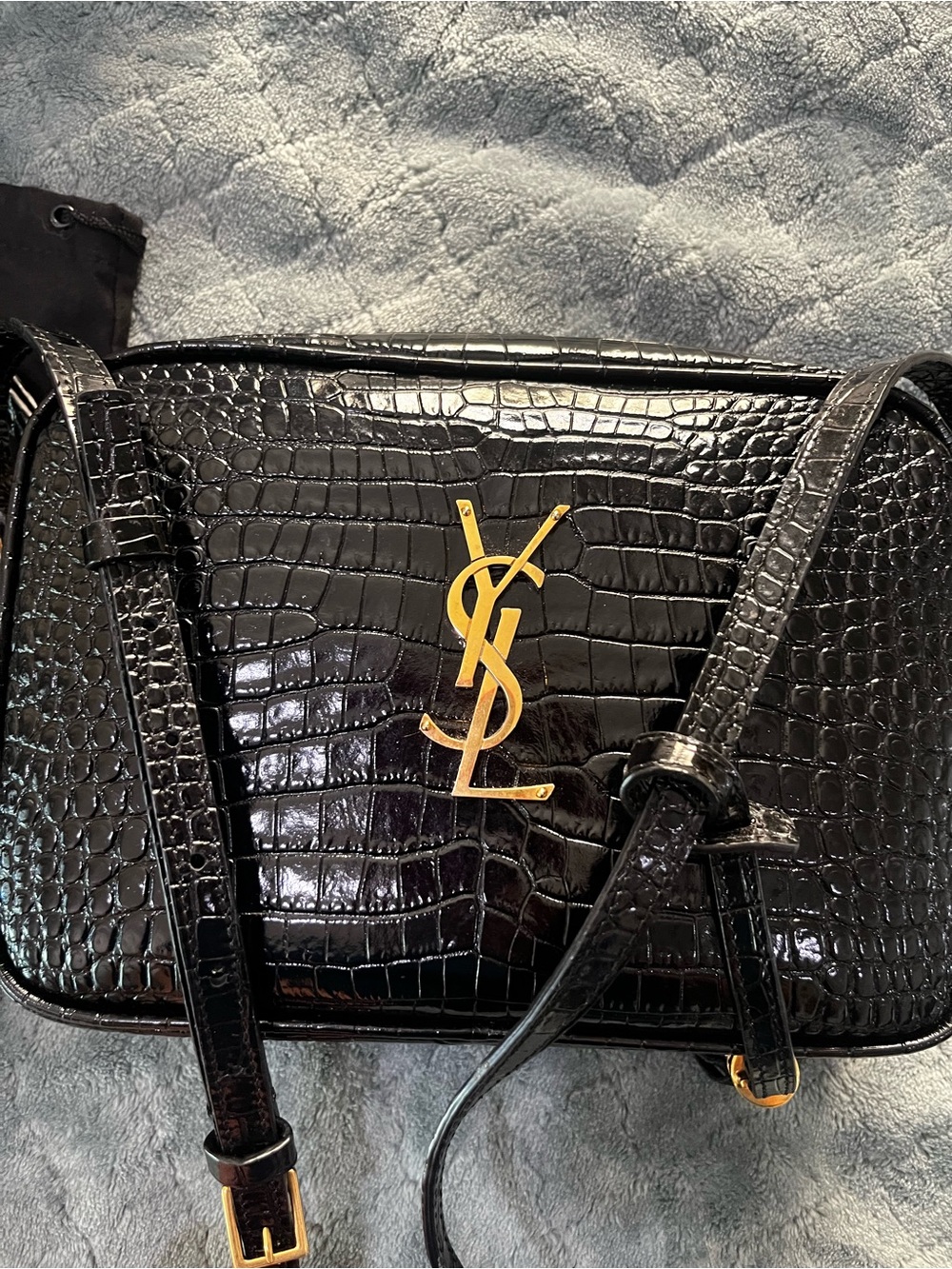 Saint Laurent Black Croc-Embossed Leather Camera Bag with Gold YSL Hardware - Picture 4 of 9
